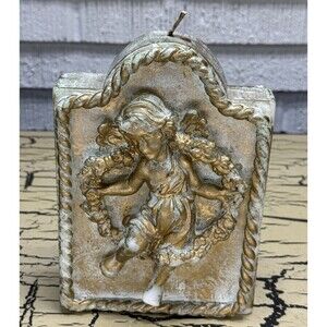 VTG Angel Cherub Girl Gold & White Christmas Art Candle Decorative Home Decor